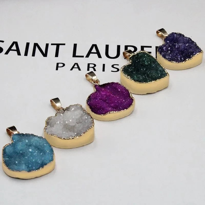 Cluster Necklace Pendant Blue Druzy Heart Shape Gold Electroplated Gemstone Pendant Love Heart Crystal Pendant Charm For Jewelry