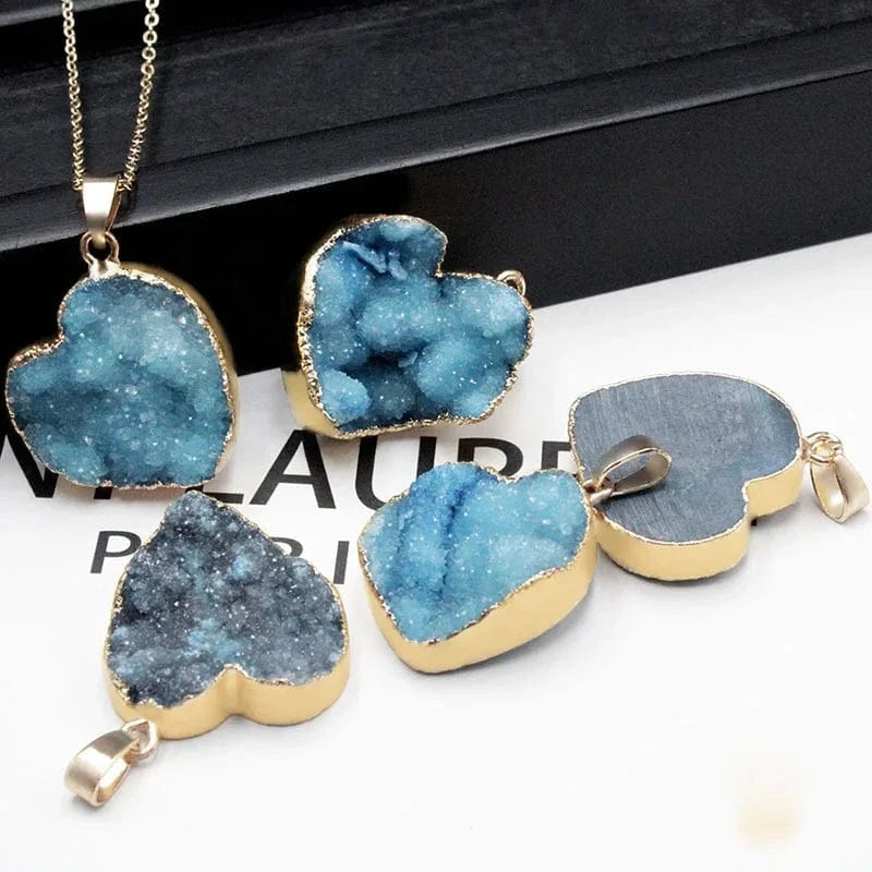 Cluster Necklace Pendant Blue Druzy Heart Shape Gold Electroplated Gemstone Pendant Love Heart Crystal Pendant Charm For Jewelry
