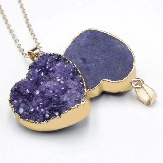 Cluster Necklace Pendant Blue Druzy Heart Shape Gold Electroplated Gemstone Pendant Love Heart Crystal Pendant Charm For Jewelry