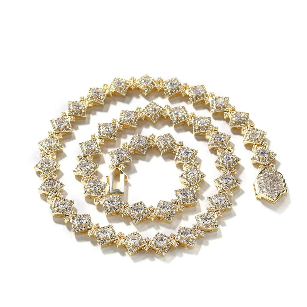 Clustered Chain / 24inch / Gold Iced Out 12MM Square Clustered Tennis Chain Necklace Hip Hop Jewelry Rhombus Shape Brass Zircons Necklace