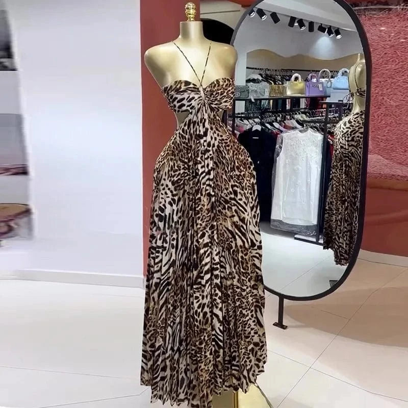 CM.YAYA Elegant Women  Leopard Print Sleeveless Strapless Floor-Length Long Dress 2025 Beach Party Birthday Sexy Pleated Dresses
