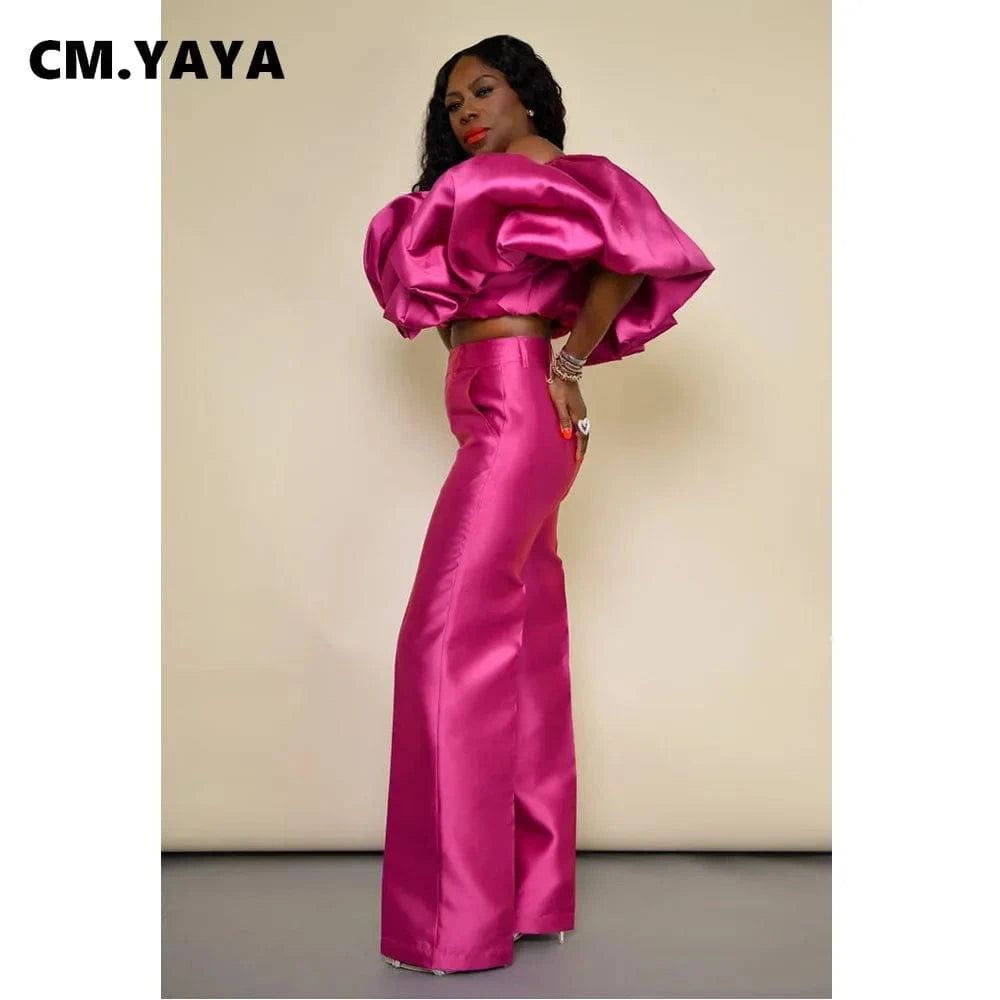 CM.YAYA Fashion Satin Women's Set Butterfly Sleeve Crop Top and Wide Leg Pants Suit 2024 Party Club Even Two 2 Piece Sets Outfit