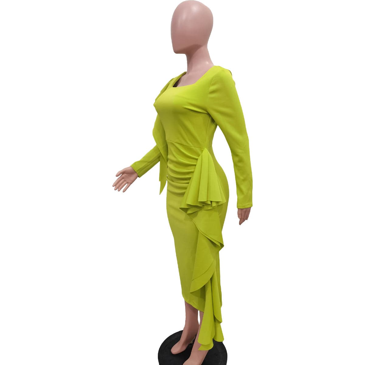 CM.YAYA Fashion Women Long Sleeve U-neck Ruffles Draped Ruched Bodycon Pencil Midi Dress 2023 Club Sexy Party Evening OL Dresses