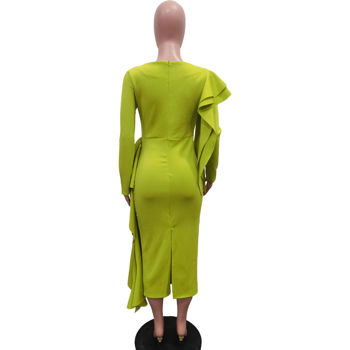 CM.YAYA Fashion Women Long Sleeve U-neck Ruffles Draped Ruched Bodycon Pencil Midi Dress 2023 Club Sexy Party Evening OL Dresses