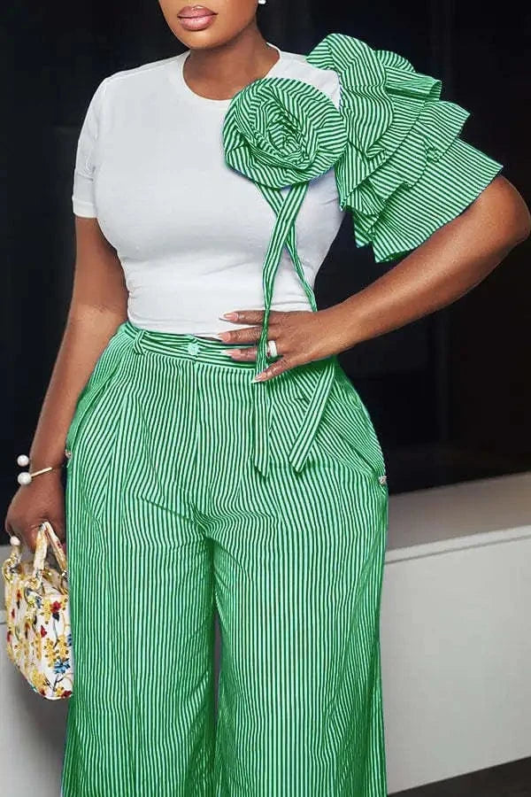 CM.YAYA Street Women's Set Short Sleeve T-shirt and Striped Floral Splicing Romper Wide Leg Pants Elegant Two 2-Piece Set Outfit