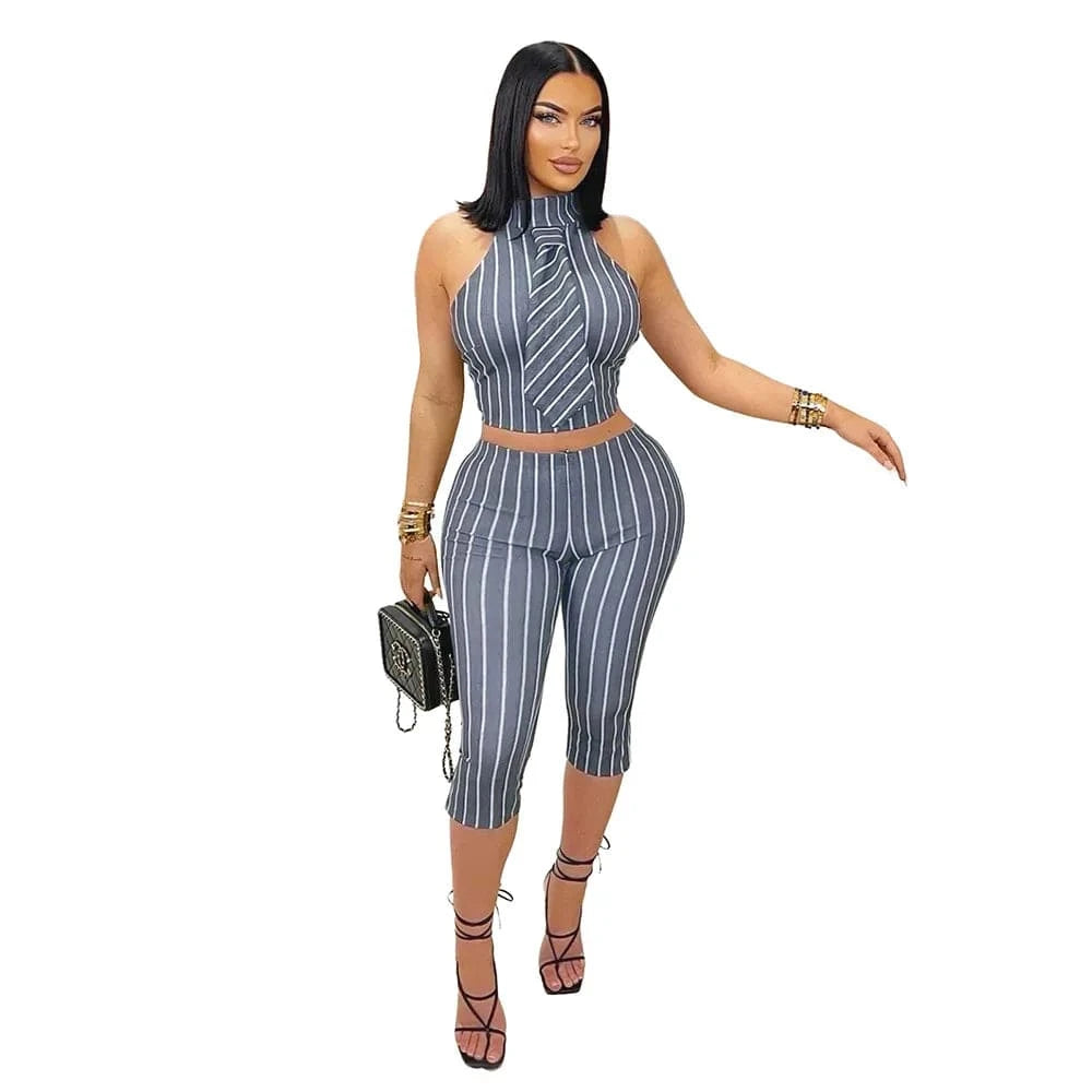 CM.YAYA Striped Printed Women's Set Sleeveless Necktie Tops and Leggings Pants 2025 Sexy Party Two 2 Piece Sets Outfit Tracksuit