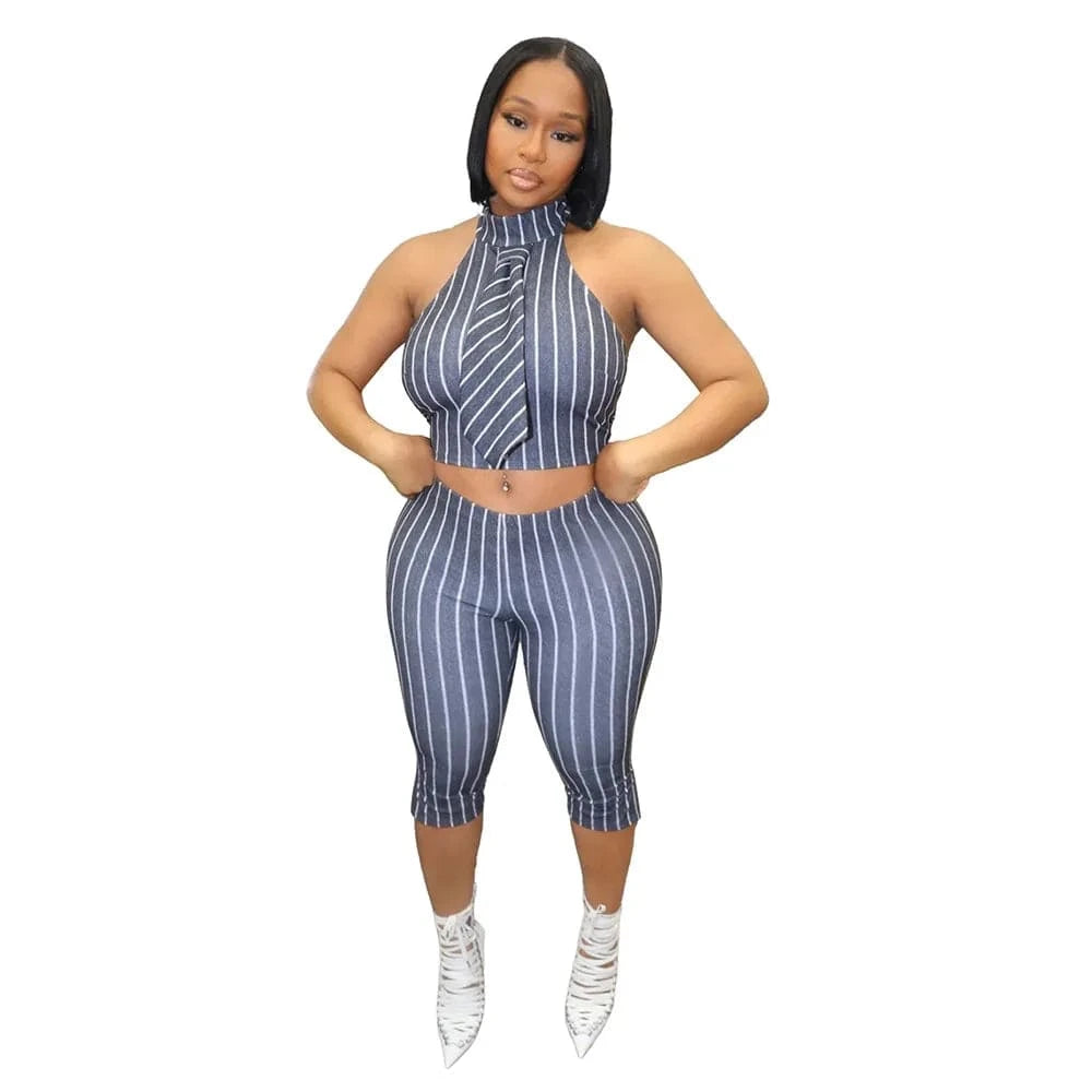 CM.YAYA Striped Printed Women's Set Sleeveless Necktie Tops and Leggings Pants 2025 Sexy Party Two 2 Piece Sets Outfit Tracksuit