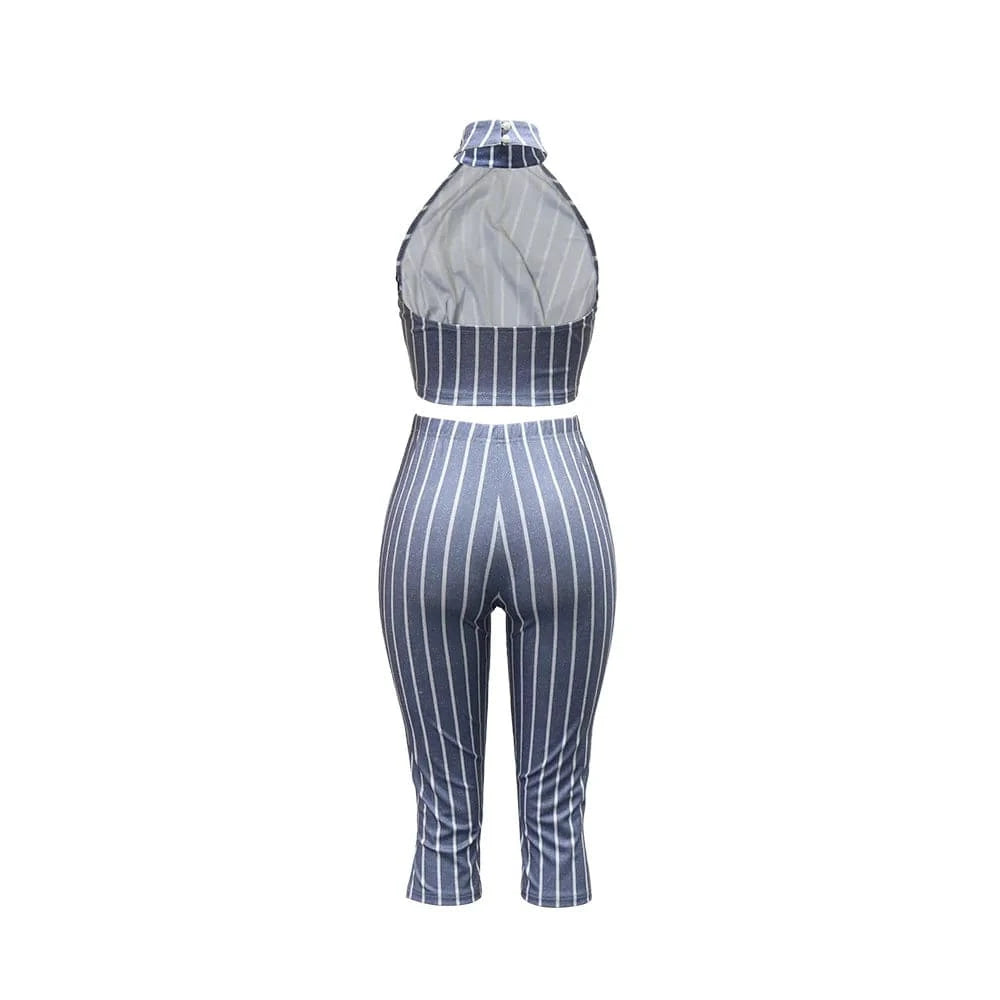 CM.YAYA Striped Printed Women's Set Sleeveless Necktie Tops and Leggings Pants 2025 Sexy Party Two 2 Piece Sets Outfit Tracksuit
