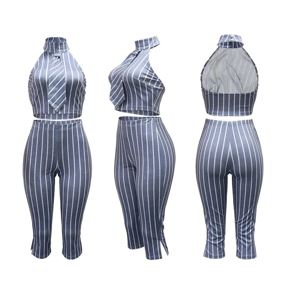 CM.YAYA Striped Printed Women's Set Sleeveless Necktie Tops and Leggings Pants 2025 Sexy Party Two 2 Piece Sets Outfit Tracksuit