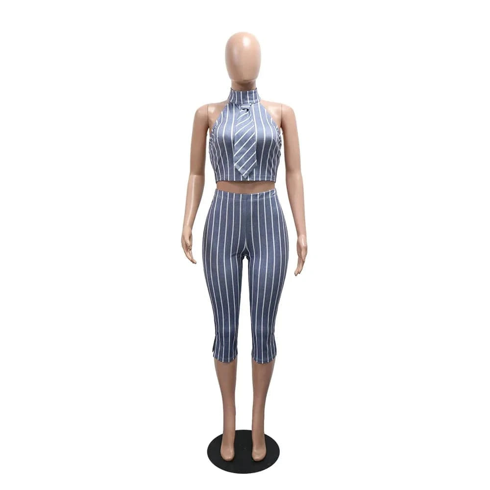 CM.YAYA Striped Printed Women's Set Sleeveless Necktie Tops and Leggings Pants 2025 Sexy Party Two 2 Piece Sets Outfit Tracksuit