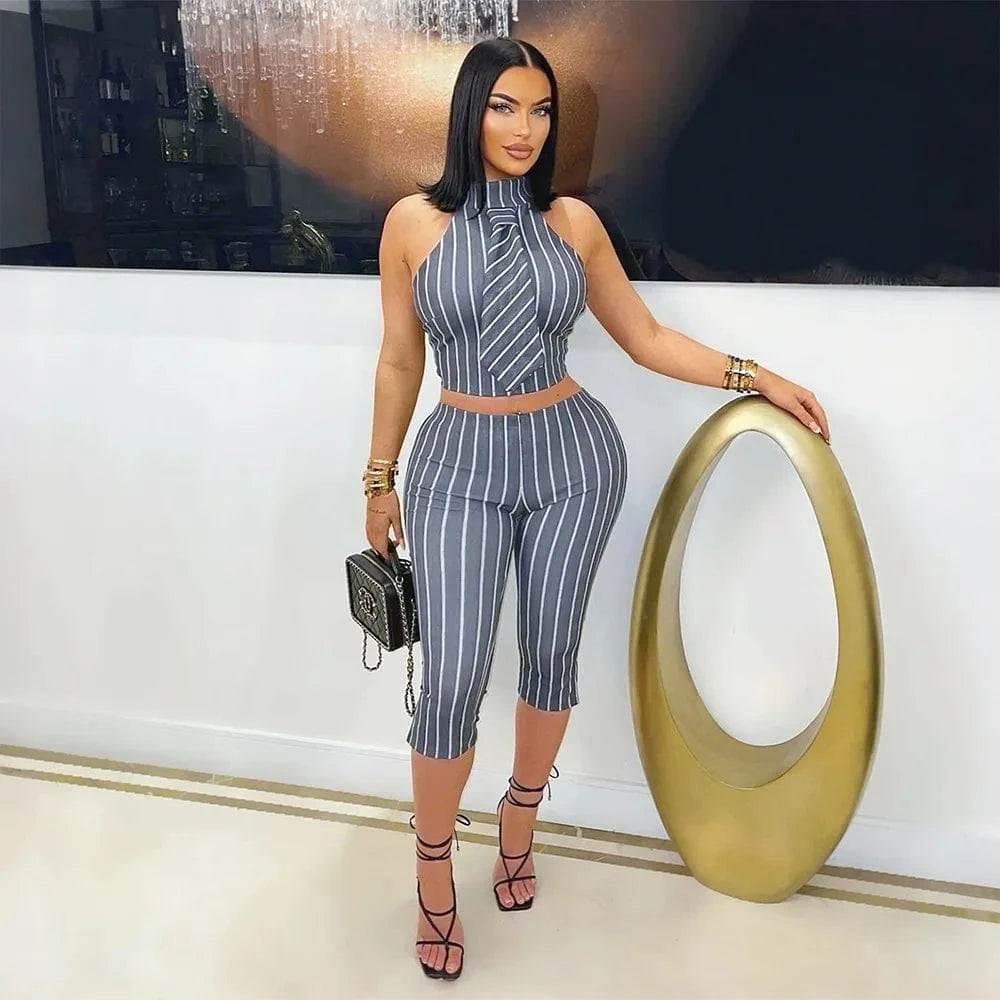 CM.YAYA Striped Printed Women's Set Sleeveless Necktie Tops and Leggings Pants 2025 Sexy Party Two 2 Piece Sets Outfit Tracksuit