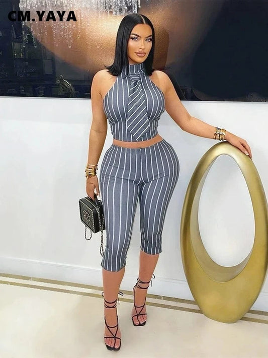 CM.YAYA Striped Printed Women's Set Sleeveless Necktie Tops and Leggings Pants 2025 Sexy Party Two 2 Piece Sets Outfit Tracksuit