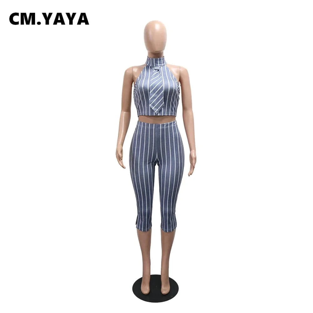 CM.YAYA Striped Printed Women's Set Sleeveless Necktie Tops and Leggings Pants 2025 Sexy Party Two 2 Piece Sets Outfit Tracksuit