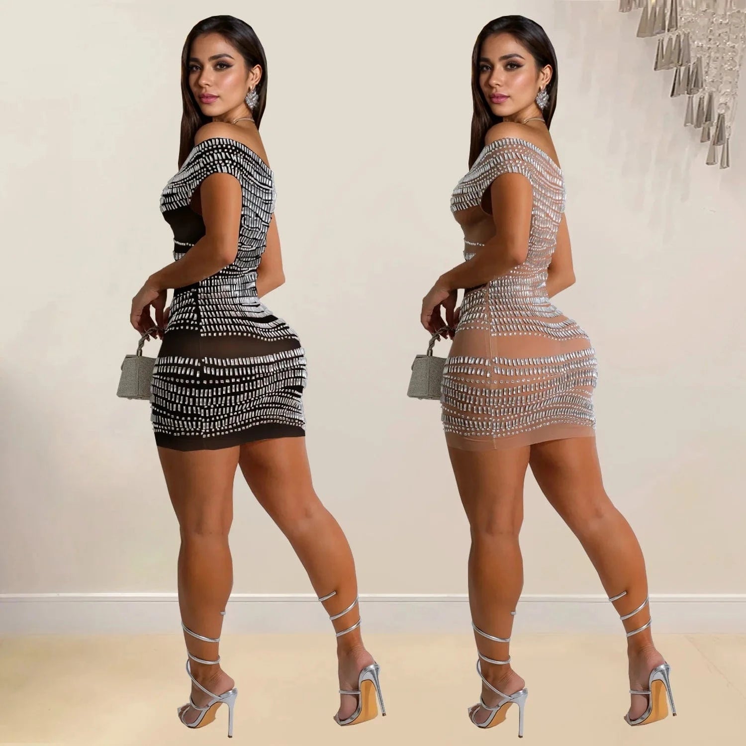 CM.YAYA Women Diamonds Hot Rhinestones Slash Neck Bodycon Mini Dress 2024 Fall Winter Sexy Party Club Evening Birthday Dresses