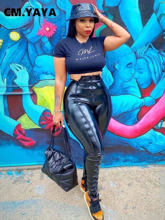 CM.YAYA Women Faux Leather Zipper Splicing Pants Leggings High Waist Pencil PU Trousers Draped Streetwear Pants