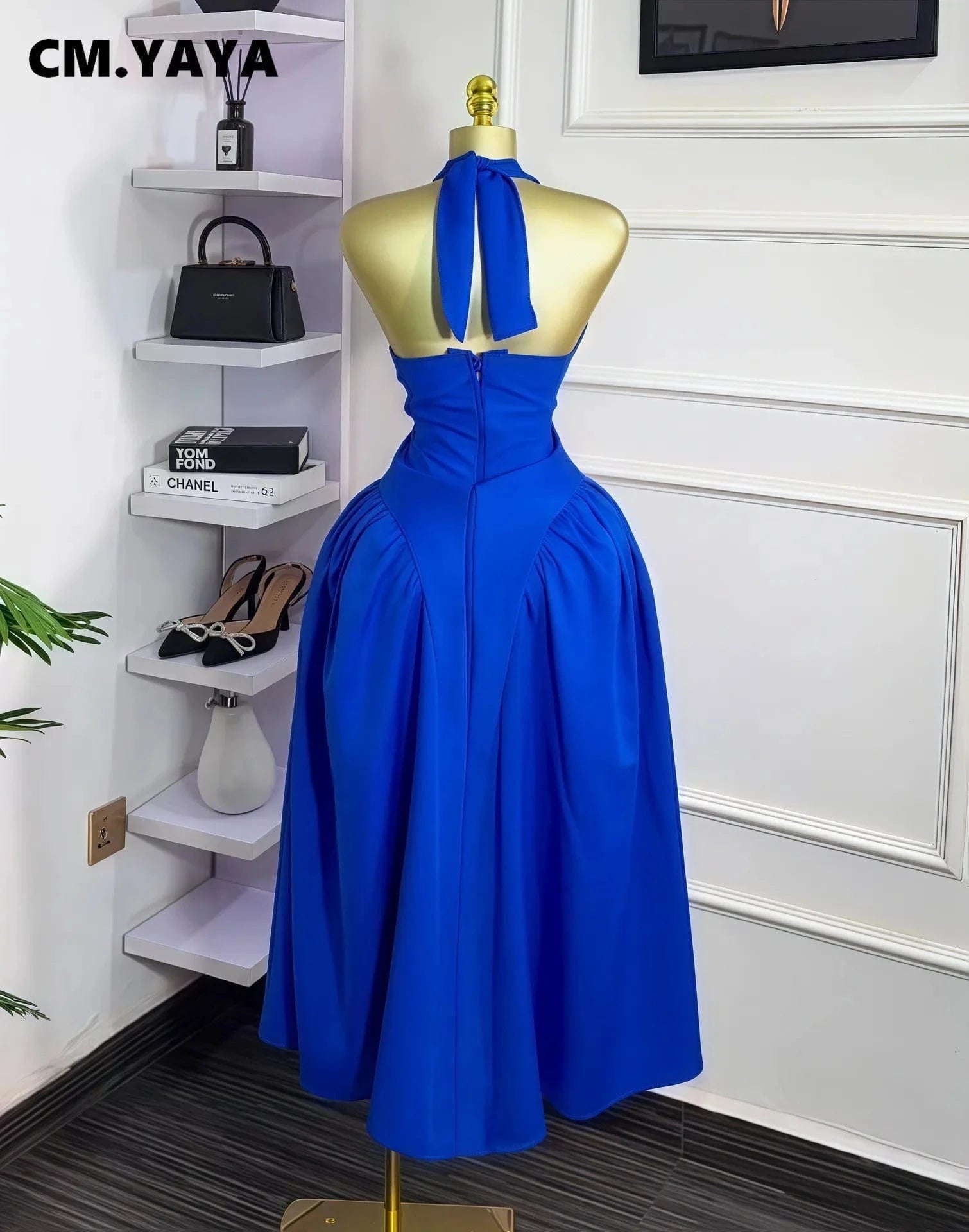 CM.YAYA Women Halter V-neck Backless Sleeveless Big Swing Bodycon Mid Maxi Long Dress 2025 Vacation Sexy Party Evening Dresses