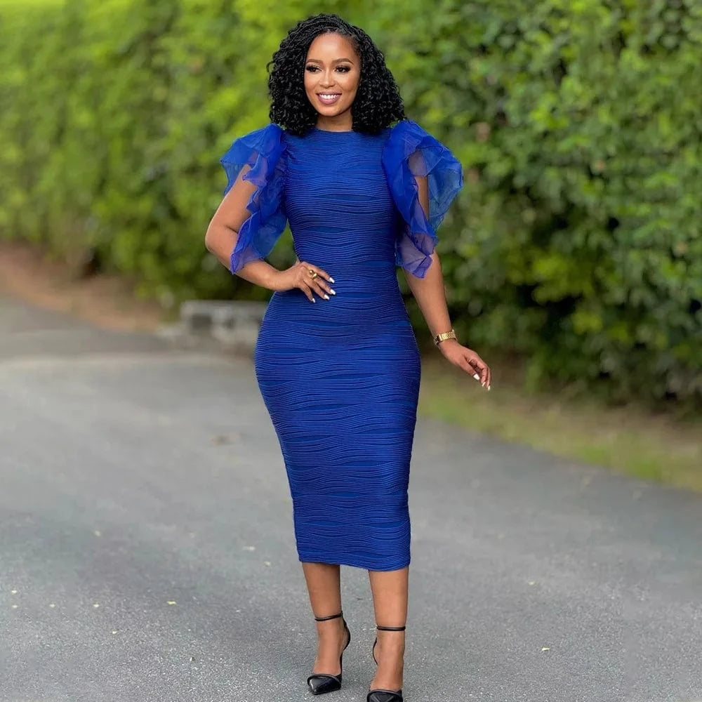 CM.YAYA Women Ruffles Short Sleeve O-neck Striped Knee Length Dress Street Vestidos Sexy Night Club Party Evening Chic Dresses