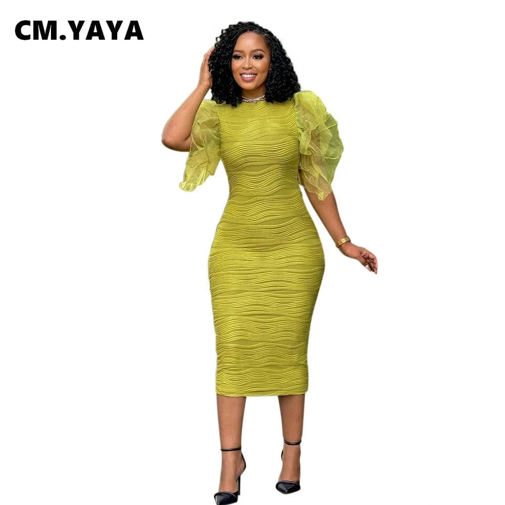 CM.YAYA Women Ruffles Short Sleeve O-neck Striped Knee Length Dress Street Vestidos Sexy Night Club Party Evening Chic Dresses