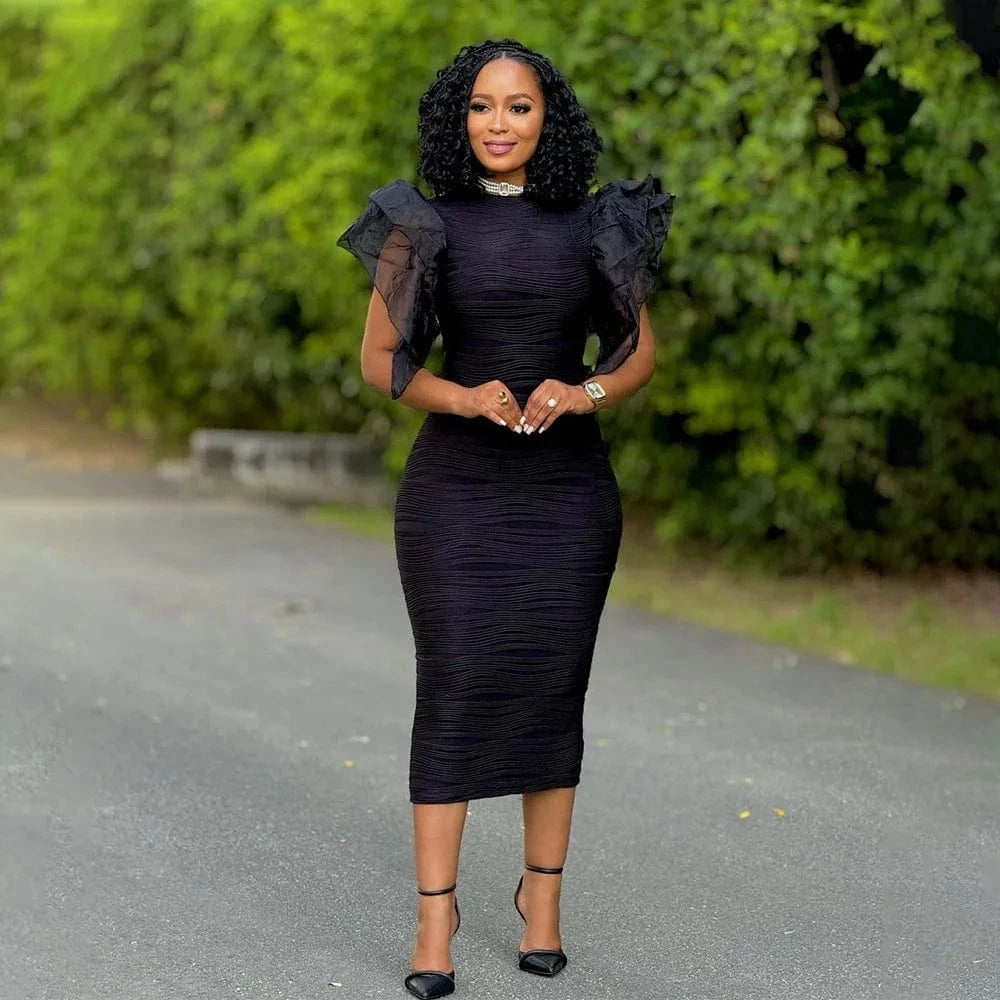 CM.YAYA Women Ruffles Short Sleeve O-neck Striped Knee Length Dress Street Vestidos Sexy Night Club Party Evening Chic Dresses