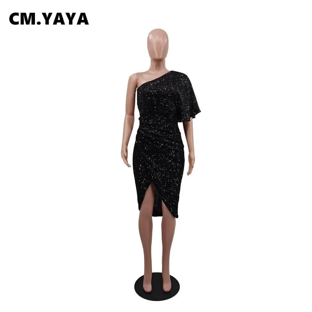 CM.YAYA Women Sequined Batwing Sleeve One Shoulder Skew Neck Draped Bodycon Midi Dress Sexy Night Party Pencil Dresses