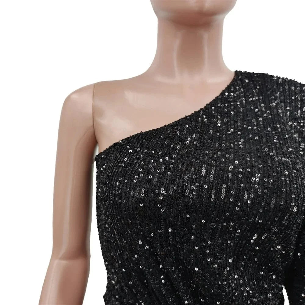 CM.YAYA Women Sequined Batwing Sleeve One Shoulder Skew Neck Draped Bodycon Midi Dress Sexy Night Party Pencil Dresses