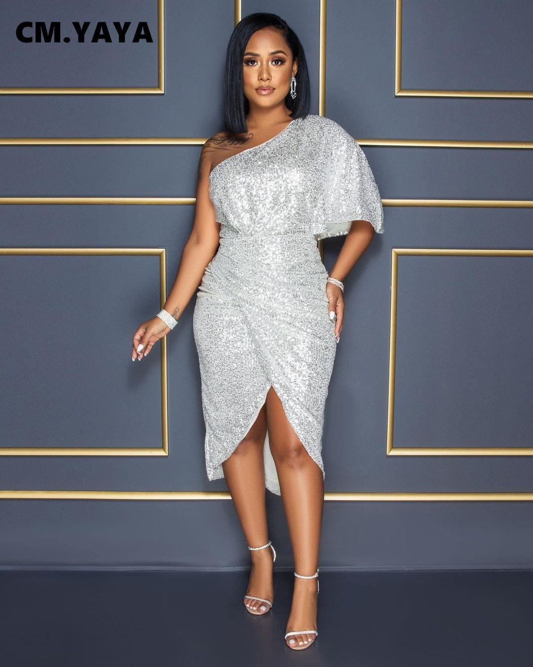 CM.YAYA Women Sequined Batwing Sleeve One Shoulder Skew Neck Draped Bodycon Midi Dress Sexy Night Party Pencil Dresses