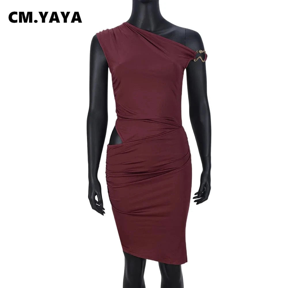 CM.YAYA Women Sleeveless Diagonal Collar Slim Mini Dress 2025 Holiday Beach Birthday Evening Sexy Girl Party Dresses Vestidos