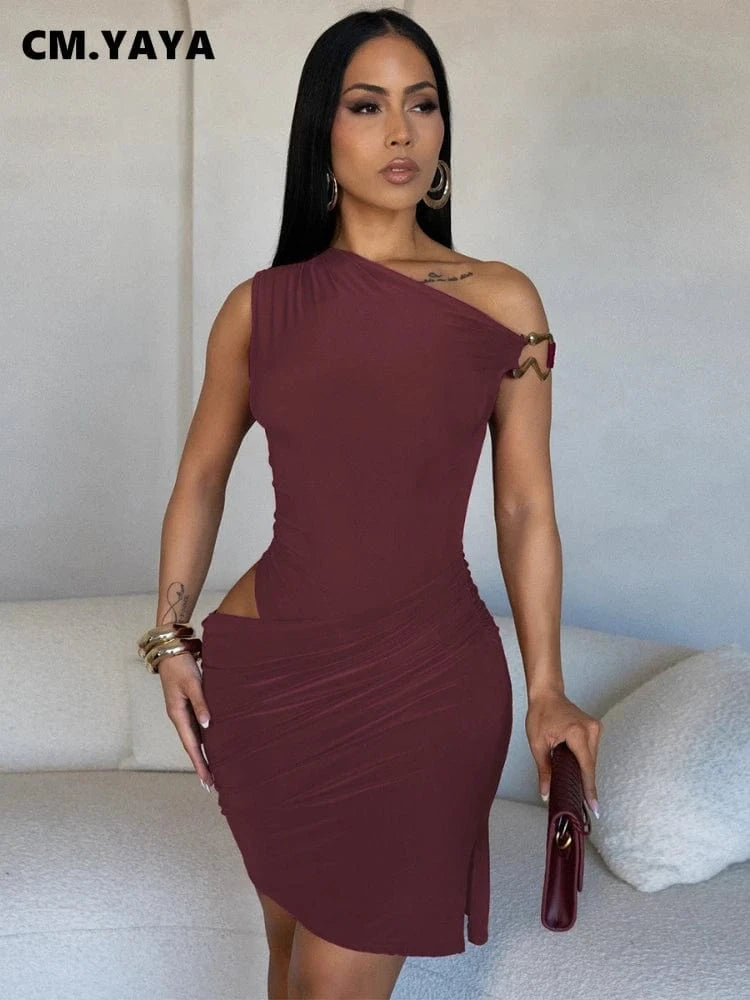 CM.YAYA Women Sleeveless Diagonal Collar Slim Mini Dress 2025 Holiday Beach Birthday Evening Sexy Girl Party Dresses Vestidos