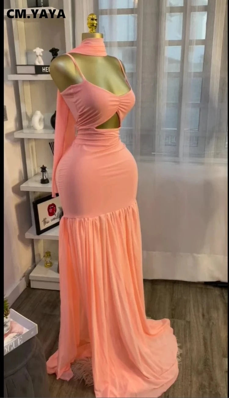 CM.YAYA Women Sleeveless Strap Ruched V-neck Pleated Side Split A-line Midi Maxi Long Dress 2025 Birthday Sexy Party Dresses