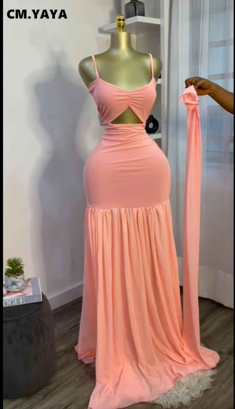 CM.YAYA Women Sleeveless Strap Ruched V-neck Pleated Side Split A-line Midi Maxi Long Dress 2025 Birthday Sexy Party Dresses