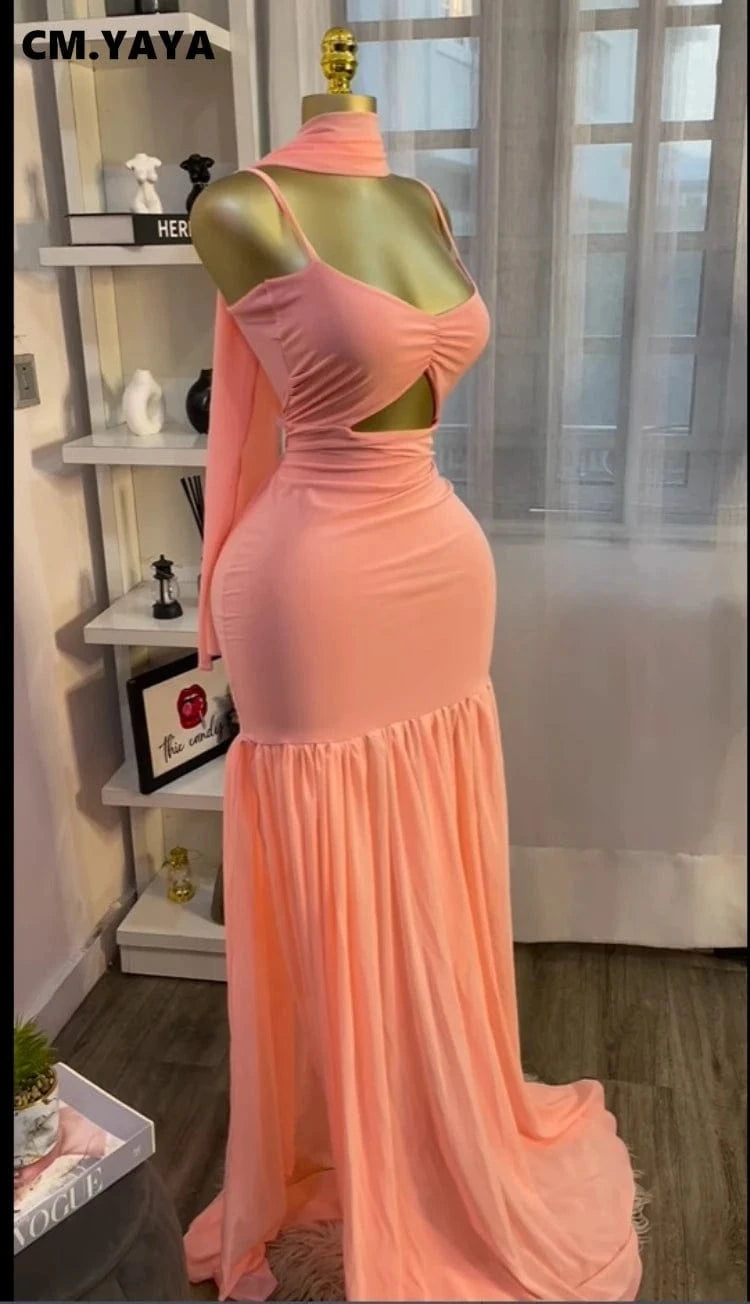 CM.YAYA Women Sleeveless Strap Ruched V-neck Pleated Side Split A-line Midi Maxi Long Dress 2025 Birthday Sexy Party Dresses