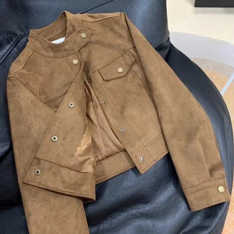 coat / M Korean small fragrant Maillard leather jacket female spring new fashion design sense advanced sense sweet cool suede jacket.