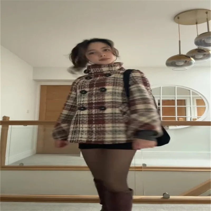 Coat Plaid Double Breasted With High Collar And Puff Sleeves – Elegant Winter Outerwear - SN Wigs & More