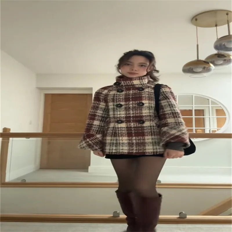 Coat Plaid Double Breasted With High Collar And Puff Sleeves – Elegant Winter Outerwear - SN Wigs & More