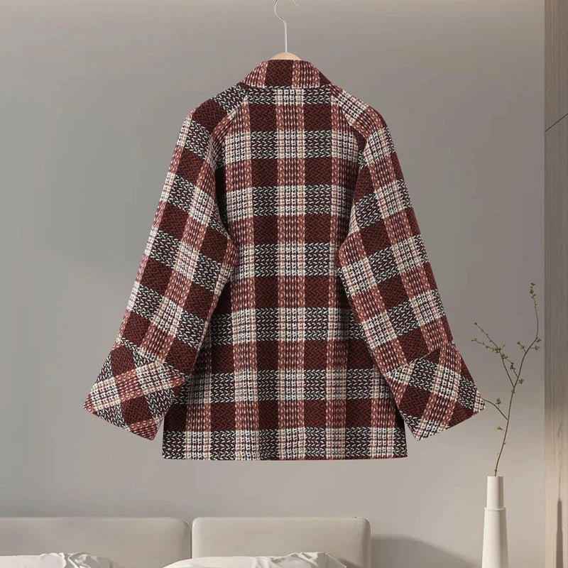 Coat Plaid Double Breasted With High Collar And Puff Sleeves – Elegant Winter Outerwear - SN Wigs & More