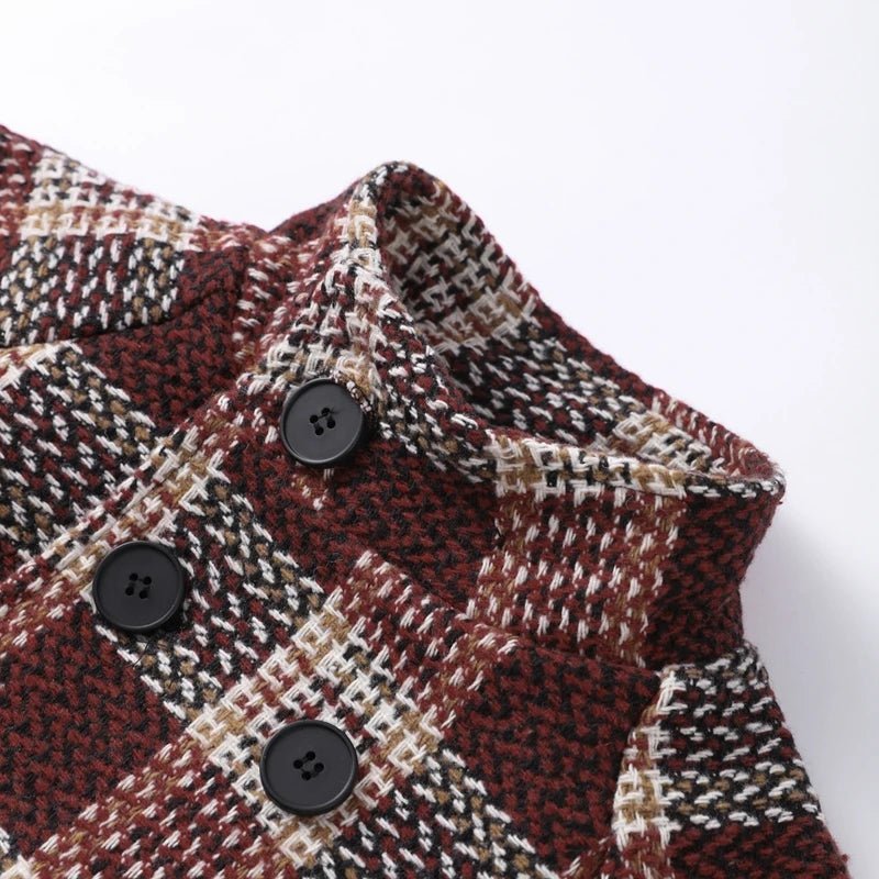 Coat Plaid Double Breasted With High Collar And Puff Sleeves – Elegant Winter Outerwear - SN Wigs & More
