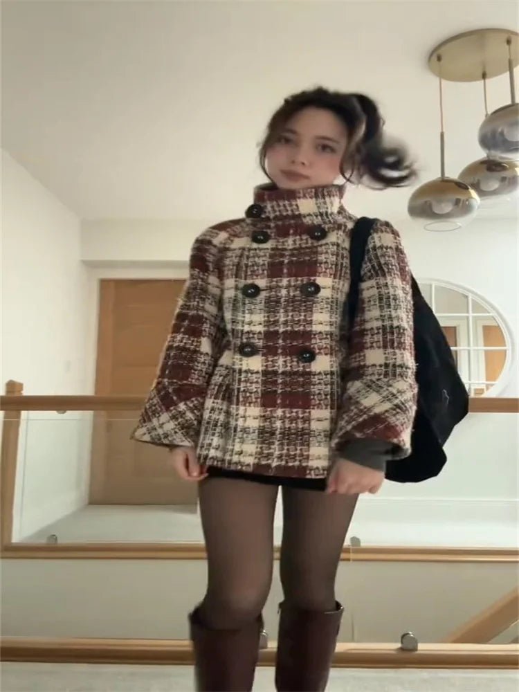 Coat Plaid Double Breasted With High Collar And Puff Sleeves – Elegant Winter Outerwear - SN Wigs & More