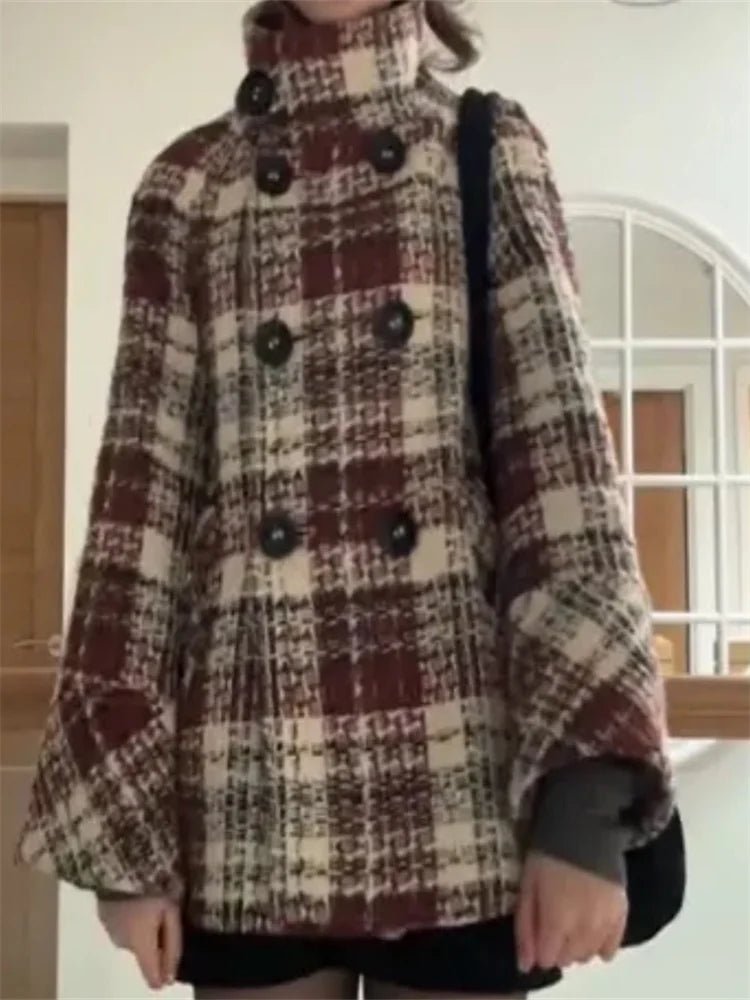 Coat Plaid Double Breasted With High Collar And Puff Sleeves – Elegant Winter Outerwear - SN Wigs & More