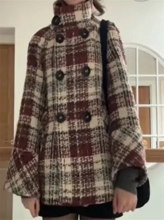 Coat Plaid Double Breasted With High Collar And Puff Sleeves – Elegant Winter Outerwear - SN Wigs & More
