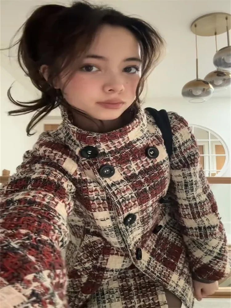 Coat Plaid Double Breasted With High Collar And Puff Sleeves – Elegant Winter Outerwear - SN Wigs & More