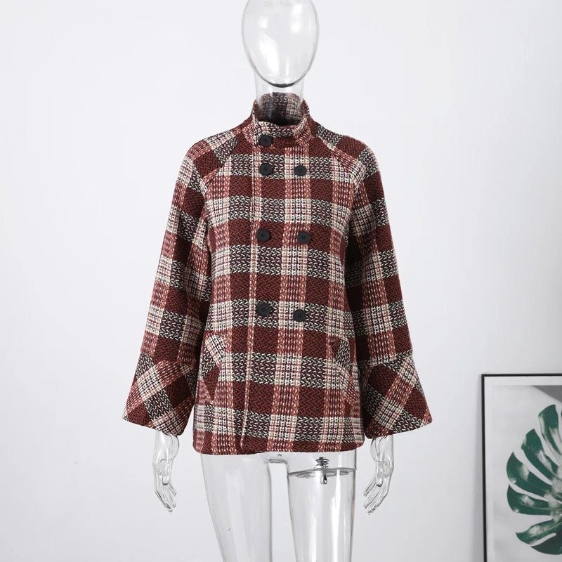 Coat Plaid Double Breasted With High Collar And Puff Sleeves – Elegant Winter Outerwear - SN Wigs & More