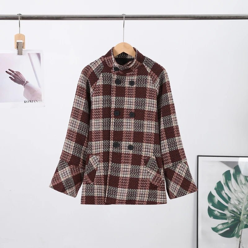 Coat Plaid Double Breasted With High Collar And Puff Sleeves – Elegant Winter Outerwear - SN Wigs & More