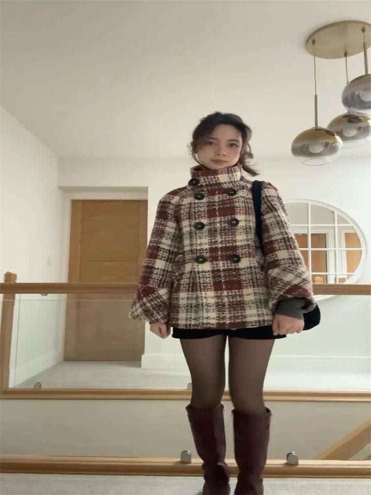 Coat Plaid Double Breasted With High Collar And Puff Sleeves – Elegant Winter Outerwear - SN Wigs & More