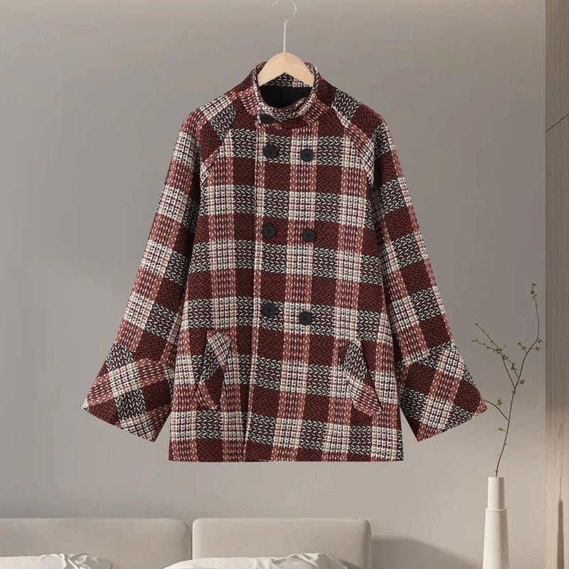 Coat Plaid Double Breasted With High Collar And Puff Sleeves – Elegant Winter Outerwear - SN Wigs & More