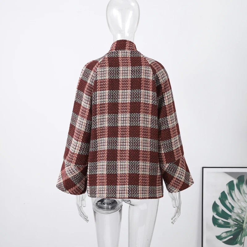 Coat Plaid Double Breasted With High Collar And Puff Sleeves – Elegant Winter Outerwear - SN Wigs & More