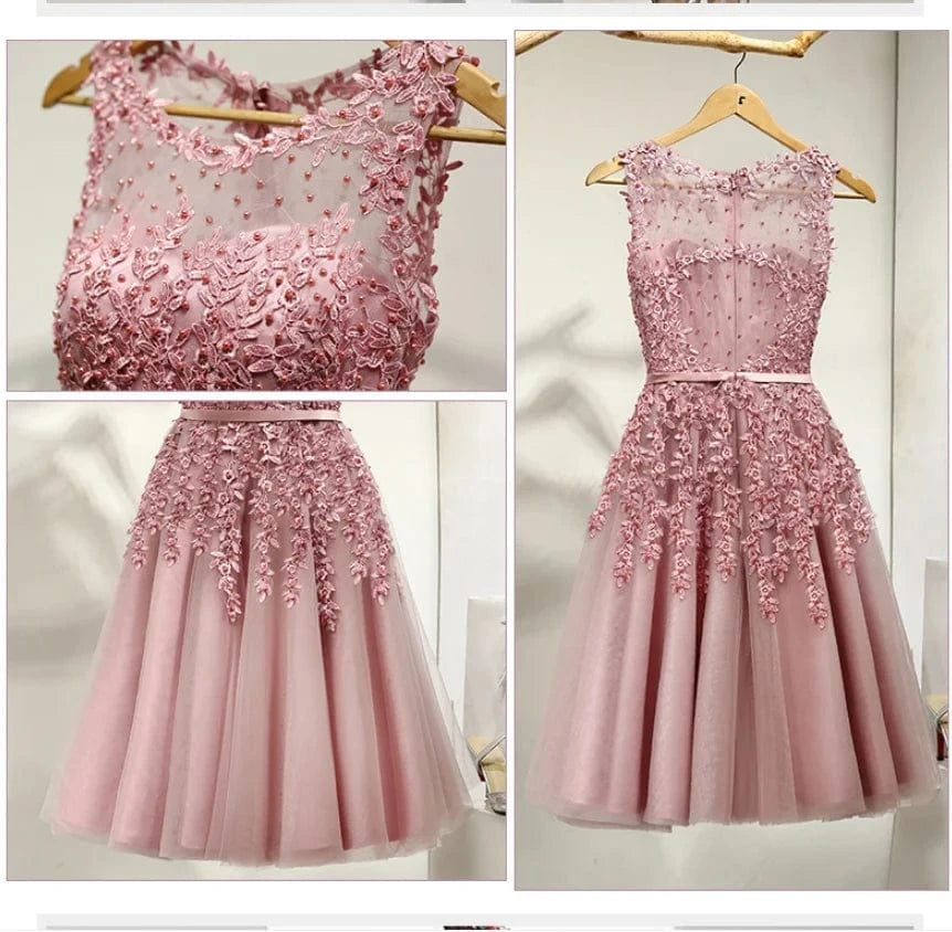 Cocktail Dress Little Appliques Beading Pink Wedding Formal Dresses Flowers Illusion Knee Length Party Gown