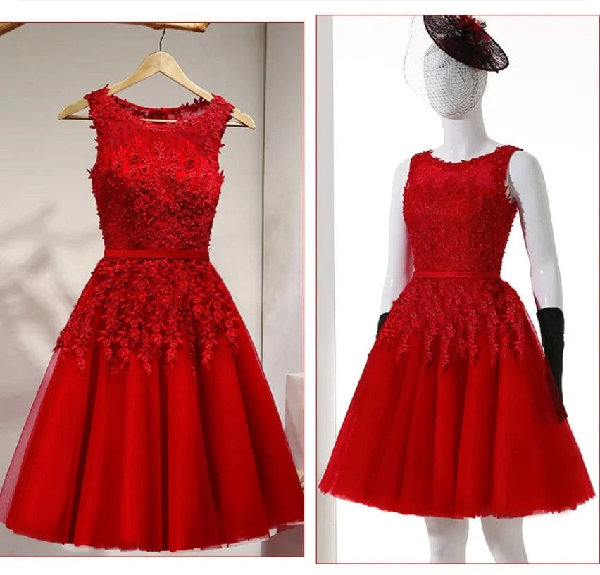 Cocktail Dress Little Appliques Beading Pink Wedding Formal Dresses Flowers Illusion Knee Length Party Gown