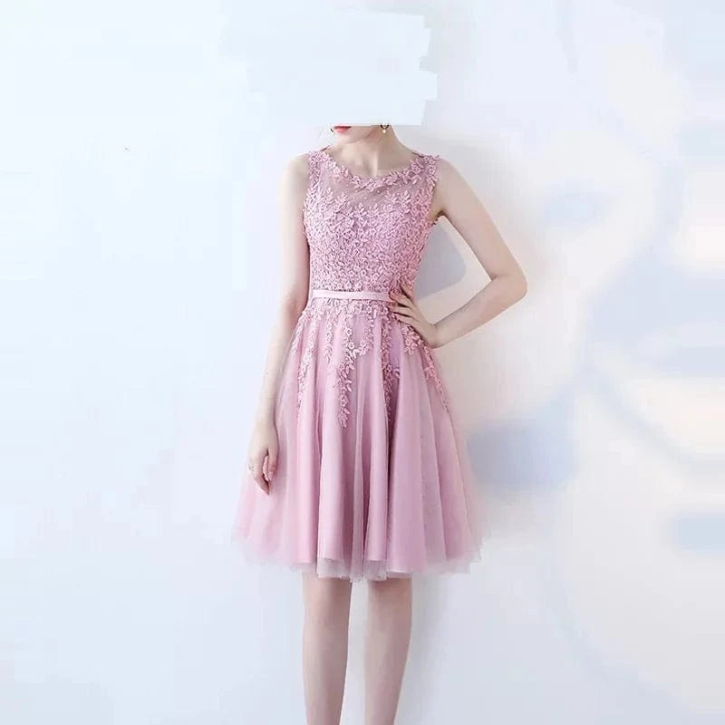Cocktail Dress Little Appliques Beading Pink Wedding Formal Dresses Flowers Illusion Knee Length Party Gown