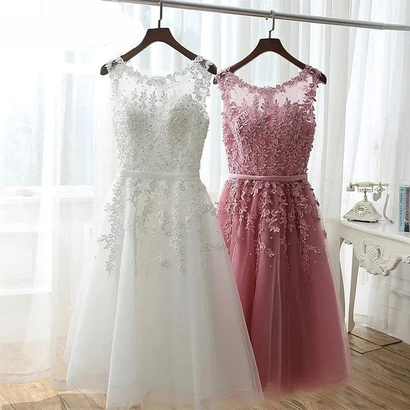 Cocktail Dress Little Appliques Beading Pink Wedding Formal Dresses Flowers Illusion Knee Length Party Gown