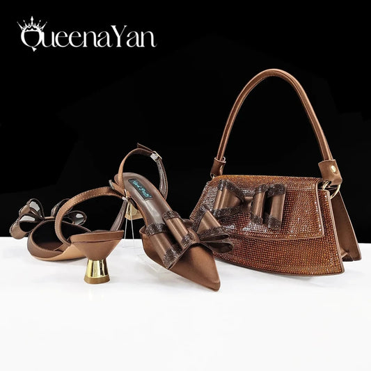 Coffee / 38 / CHINA Queena Yan latest Italian women's shoes and accessories bag rhinestone butterfly decoration elegant pointed toe wedding bridal